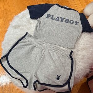 NWOT PLAYBOY Pacsun Set XS Small Heather Gray & Navy Retro Lounge Set